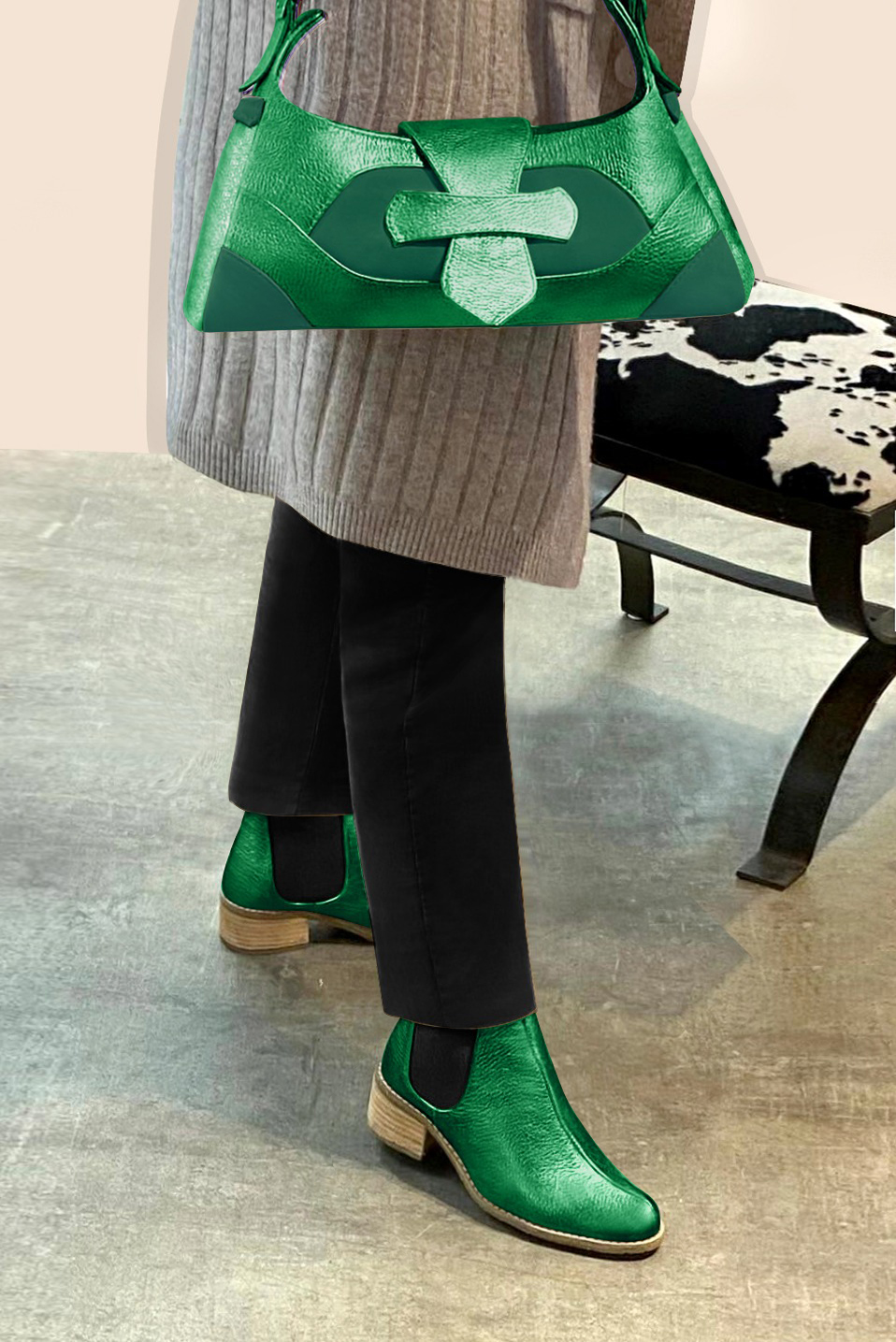 Emerald green women's dress handbag, matching pumps and belts. Worn view - Florence KOOIJMAN